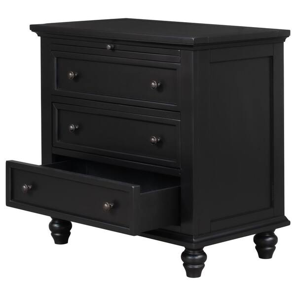 28 In Black Rectangle Wood End Table With 3 Drawers And Pull Out Tray Gz B2w20220405 28 In Black Rectangle Wood End Table, 3 Drawer End Table Black