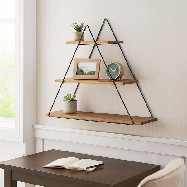 25 in. x 6.5 in. Brown Metal Triangle 3-Tiered Decorative Wall Shelf