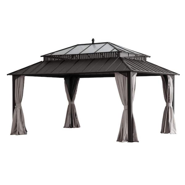 Kingston 16 ft. x 12 ft. Hardtop Gazebo with Steel and Polycarbonate Roof, Brown Aluminum Posts, Curtains, and Netting