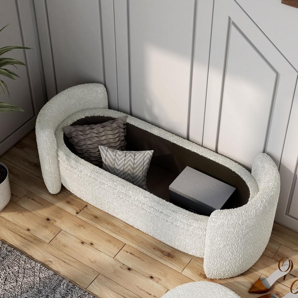 White Boucle Upholstered Storage Bench with Wood Frame