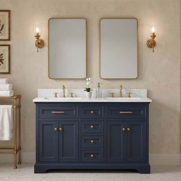 Thompson 54 in. Double Sink Freestanding Bathroom Vanity in Indigo Blue with Carrara White Engineered Stone Top