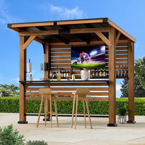 Ultra Series 6.5 ft. x 8 ft. Cedar Wood Entertainment Bar Center, Wooden Gazebo Grill Pavilion with Shelves