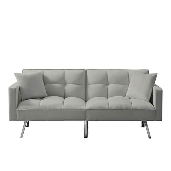 Unbranded 74 in. Width Light Gray Velvet Twin Sleeper Convertible Sofa Bed with 2 Pillows