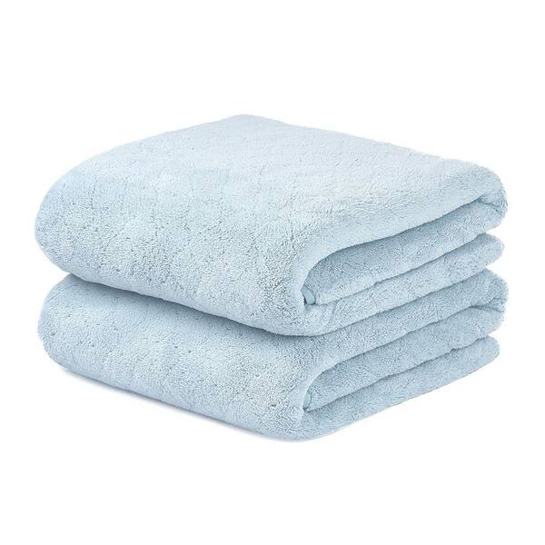 Baby Blue Polyester Velvet Grid Bath Towel (Set of 2)