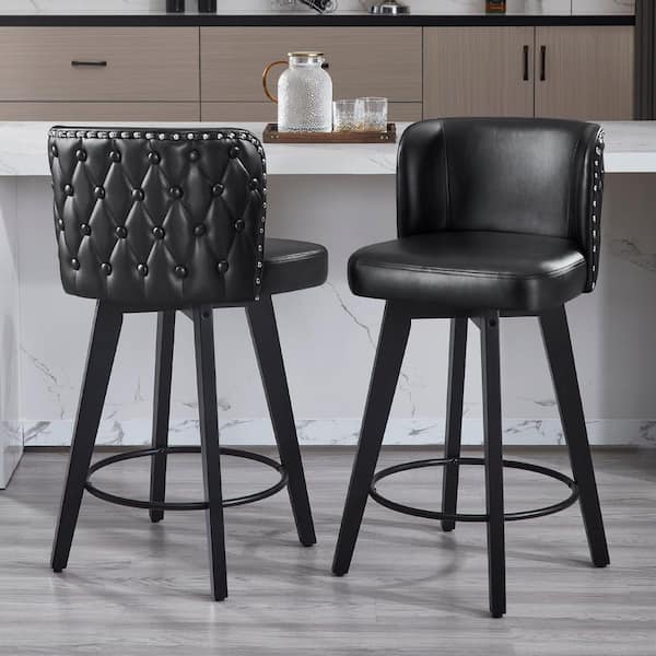 Hochwertiges 27.5 in. Black Faux Leather Upholstered Wooden Counter Height Bar Stool Swivel Counter Stool (Set of 2)