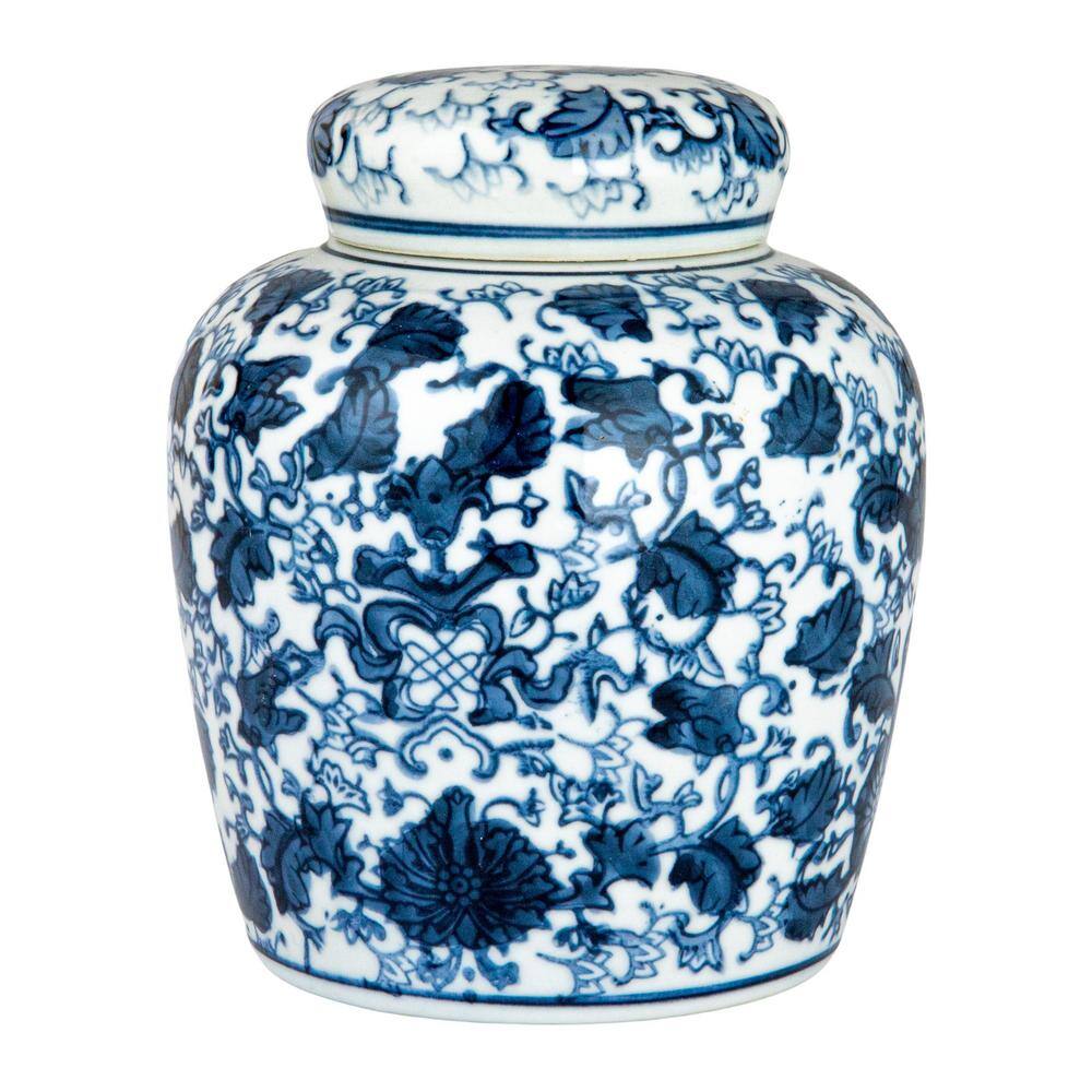 Blue and White Ceramic Ginger Jar with Lid, 6.5"