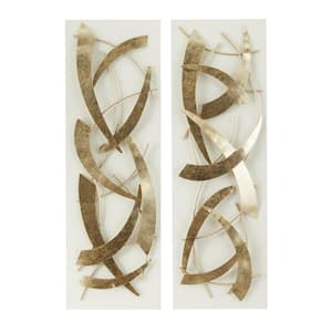 Metal Gold Dimensional Abstract Wall Decor with White Wood Backing (Set of 2)