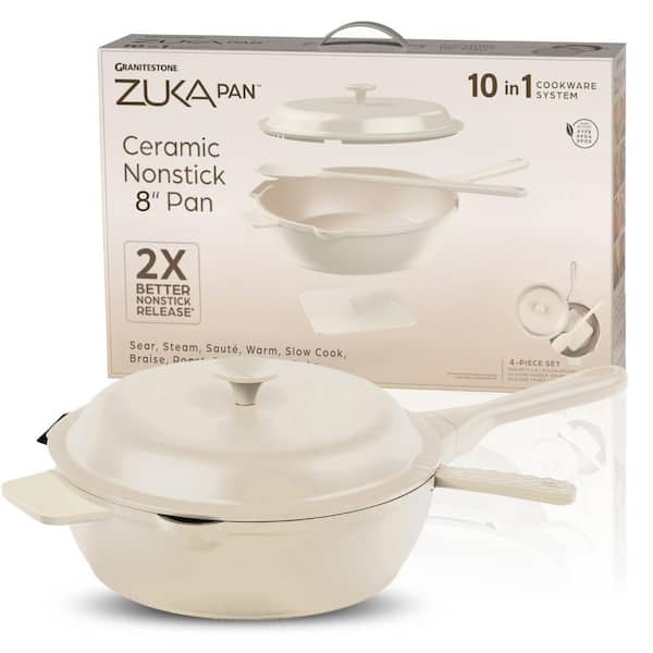 Zuka Everyday Pan 1.25 qt. Aluminum 10 in 1 Ceramic Nonstick Multi-Functional Saute Pan with Lid, Nylon Spoon