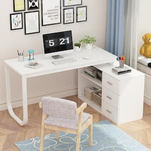 55.1 in. L-Shaped White Wood Executive Writing Desk Computer Desk Workstation W/Removable Tabletop, Shelves, 3-Drawers