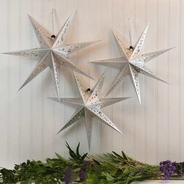 3PCS 12inch 7-Pointed Natural Paper Star Landerns Hanging Decoration Set  Festive Holiday Decor Stars Shape Landerne for Christmas Home Deco 
