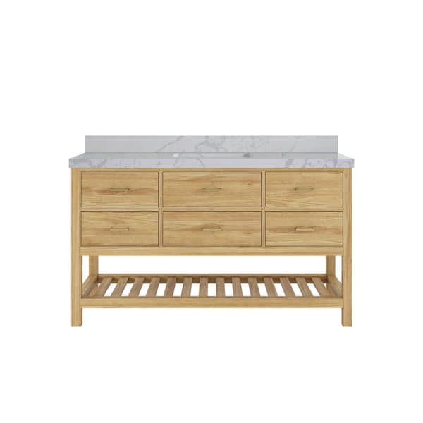 Willow Collections Parker Teak 60 in. Single Sink Freestanding Light Natural Bath Vanity with Venatino Qt. Top Unassembled
