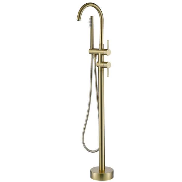 2-Handle Floor Mount Freestanding Tub Faucet with Hand Shower in Brushed Gold