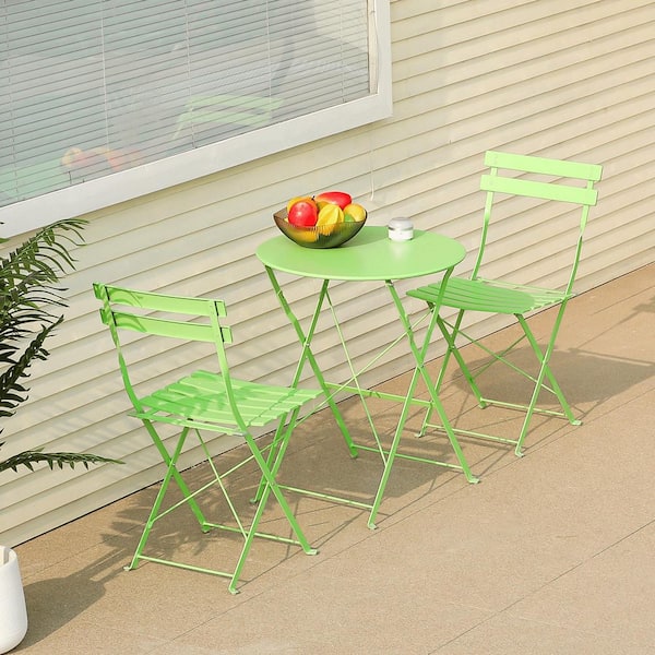 Foldable Green 3-Piece Metal Outdoor Bistro Set with White Cushion, Set Included 2-Chairs and 1-Table