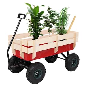 Steel Rectangle Garden Cart with Wood Fence and 4 Wheels