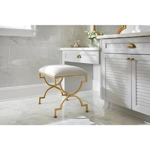 Ivory Upholstered Metal Vanity Stool with Gold Base (23.50 in W. X 21.25 in H.)