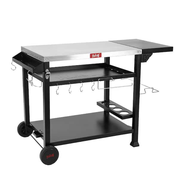 FEASTO 50 in. 3-Shelf Stainless Steel Outdoor Movable Food Prep Grill Cart Table with Foldable Side Table