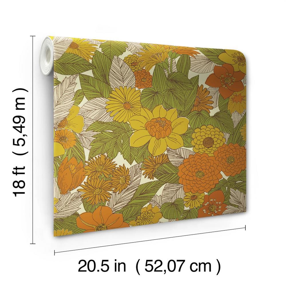 Retro Floral Yellow and Orange Peel and Stick Wallpaper Roll