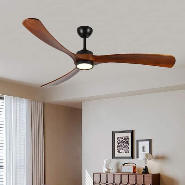 72 in. Indoor Black Full-spectrum LED 3 Solid Brown Wood Fan Blades Ceiling Fan Light with 6-Speeds and Remote Control
