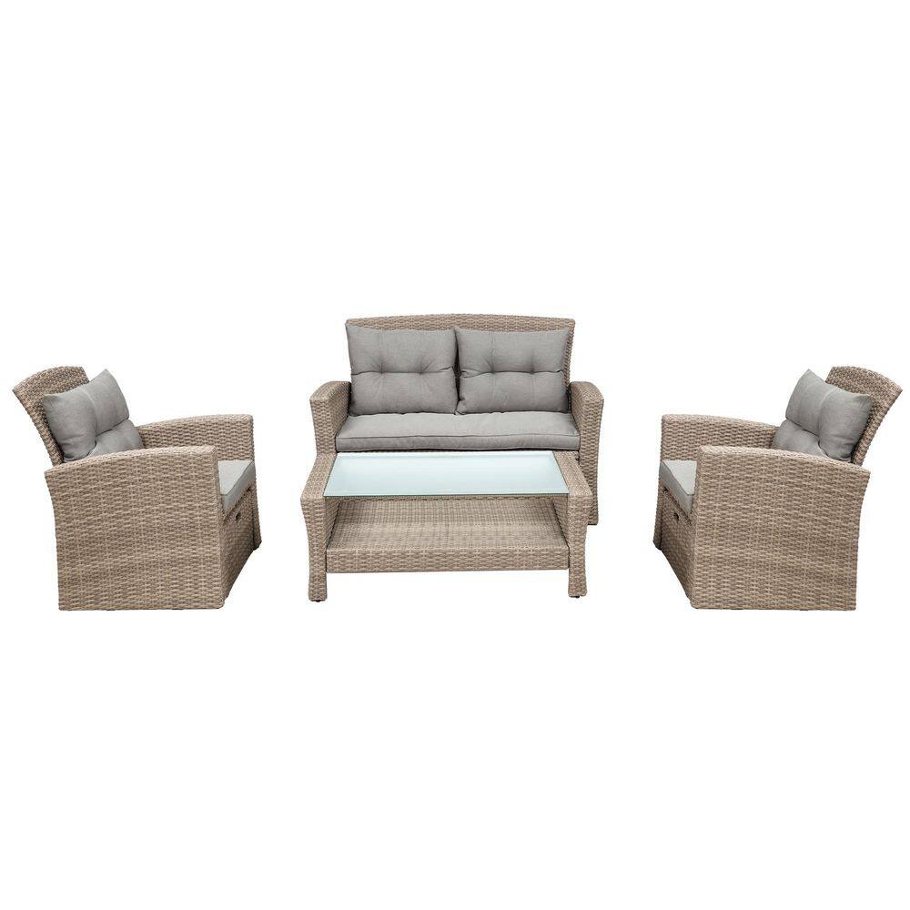 4-Piece Wicker Patio Conversation Set with Gray Cushions and Ottoman HG ...