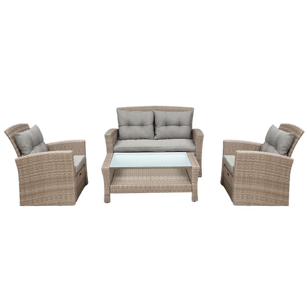 Unbranded 4-Piece Wicker Patio Conversation Set with Gray Cushions and Ottoman