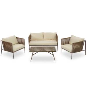 4-Piece Rope Sofa Set Patio Conversation Set with Beige Cushions and Toughened Glass Table, All-Weather for Porch Yard
