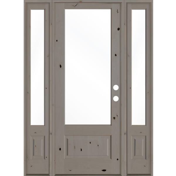 Krosswood Doors 64 in. x 96 in. Farmhouse Knotty Alder Left-Hand/Inswing 3/4 Lite Clear Glass Grey Stain Wood Prehung Front Door w/DSL