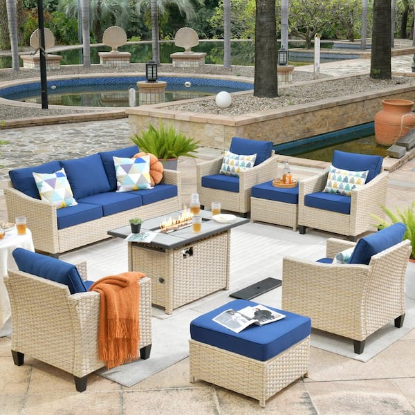 HOOOWOOO Oconee Beige 8-Piece Wicker Outdoor Rectangular Fire Pit Patio Conversation Sofa Seating Set with Navy Blue Cushions