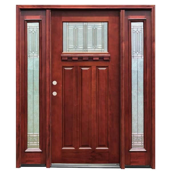 Pacific Entries 70 in. x 80 in. Diablo Craftsman 1 Lite Stained Mahogany Wood Prehung Front Door with Dentil Shelf and 14 in. Sidelites