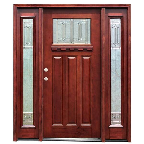 Pacific Entries 70in.x80in. Craftsman 1 Lt Stained Mahogany Wood Prehung Front Door w/Dentil Shelf 6 in. Wall Series & 14 in. Sidelites