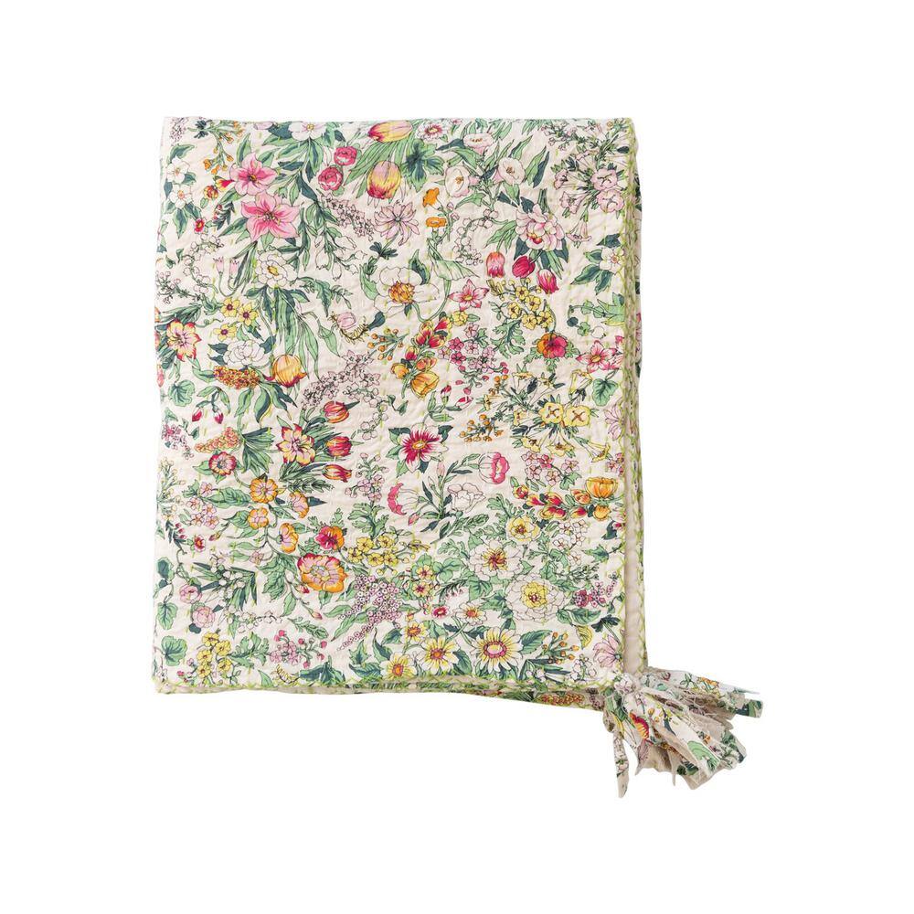 Multicolor Quilted Cotton Floral Throw with Tassels, 60" x 50"