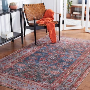 Tucson Blue/Rust 6 ft. x 6 ft. Machine Washable Border Distressed Floral Square Area Rug