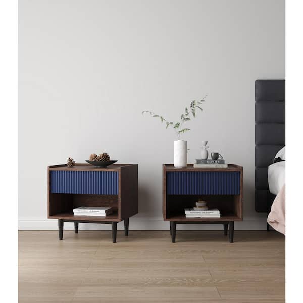 Manhattan Comfort Duane Dark Brown and Navy Blue 1-Drawer 20.23 in. W Mid-Century Modern Ribbed Nightstand (Set of 2)