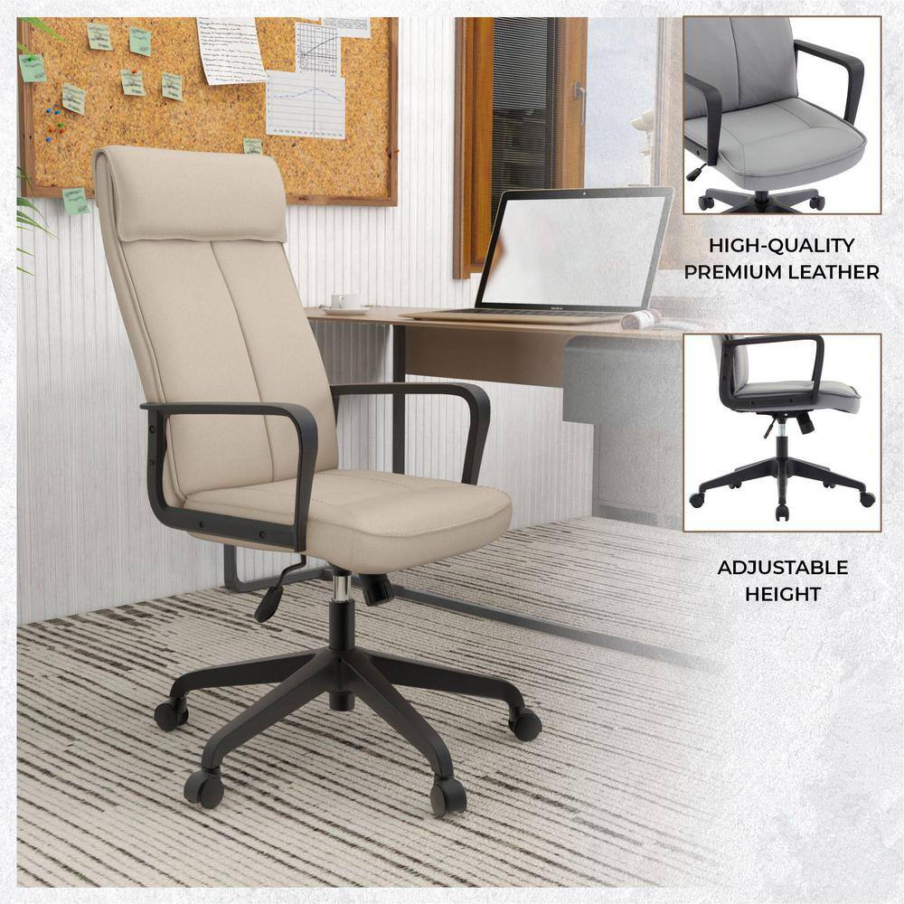 Tan High-Back Leather Office Chair with Fixed Arms