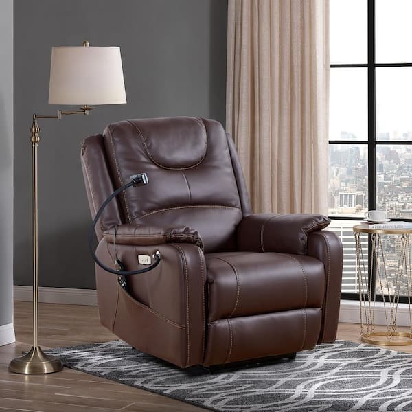 Bonded Leather Power Recliner with Massage, Heating and Phone Holder, Side Pockets, USB Charge Ports in Brown
