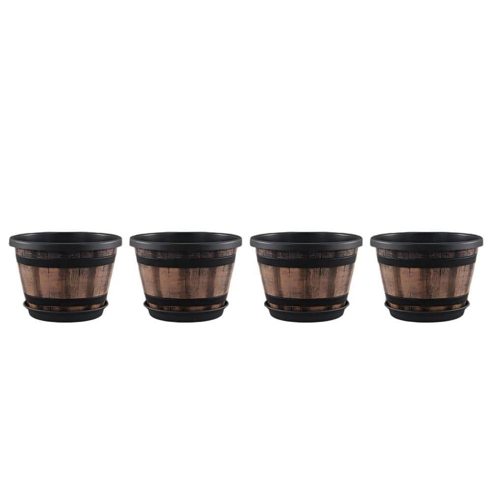 4 Pack Plastic Decoration Flower Plant Pots, Whiskey Barrel Planters with Drainage Holes, Saucer (12 in. W x 8 in. H) price history on PriceWatchPro