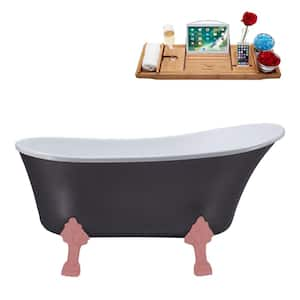 55 in. x 26.8 in. Acrylic Clawfoot Soaking Bathtub in Matte Grey with Matte Pink Claw Feet and Brushed Nickel Drain