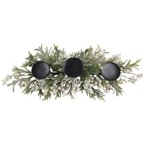26 in. Triple Candle Holder with Frosted Foliage and Berries Christmas Decor