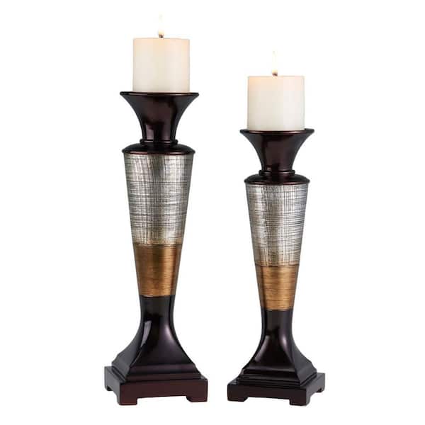 Set Of Two Espresso and Silver Pillar Tabletop Pillar Candle Holders Set Of Two Espresso and Silver Pillar Tabletop Pillar Candle Holders