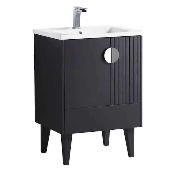 FINE FIXTURES Venezian 24 in. W x 18.11 in. D x 33 in. H Bathroom Vanity Side Cabinet in Black Matte with White Ceramic Top