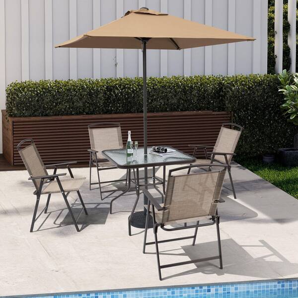 folding patio umbrella table Flash Furniture Tory Commercial Grade with Tempered Glass Top with Hole and Steel Tube Frame, Clear Top/Silver Frame natural beauty and a splinter SKONYON Octagon Folding Patio Table