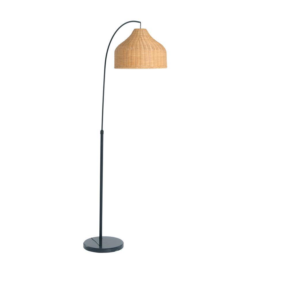 78 in. Black Arc Floor Lamp with Marble Base and Rattan Shade