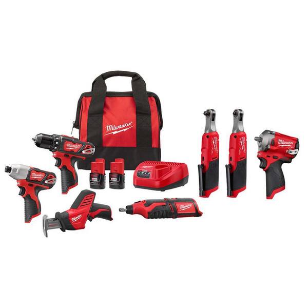 Milwaukee M12 12V Li-Ion Cordless 4-Tool Combo Kit w (2) Compact 1.5Ah Batteries, Charger and M12 FUEL High Speed 3/8 in. Ratchet