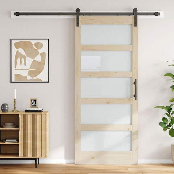 36 in. x 84 in. 5 Lite Frosted Glass Tan Unfinished Spruce Wood Assembly Required Sliding Barn Door with Hardware Kit