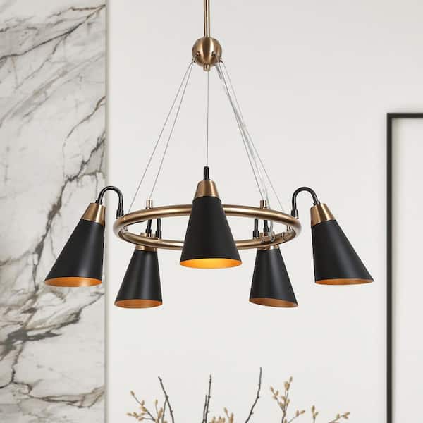 Flumie 5-Light Modern Round Black Chandelier, Industrial Brass Gold Adjustable Hanging Pendant with Metal Cone for Foyer