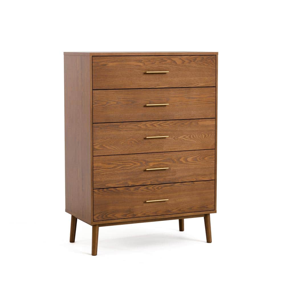 Walnut Brown Mid-Century Modern 5-Drawer Chest with Brass Handles