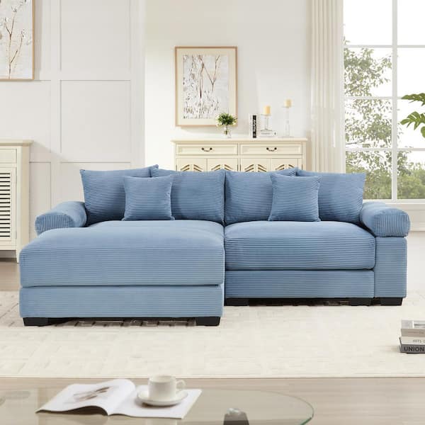 GTMAJT 59.4 in. Straight Arm 3-Piece Corduroy Modular Sectional Sofa with Ottoman and Ergonomic Design in Denim Blue