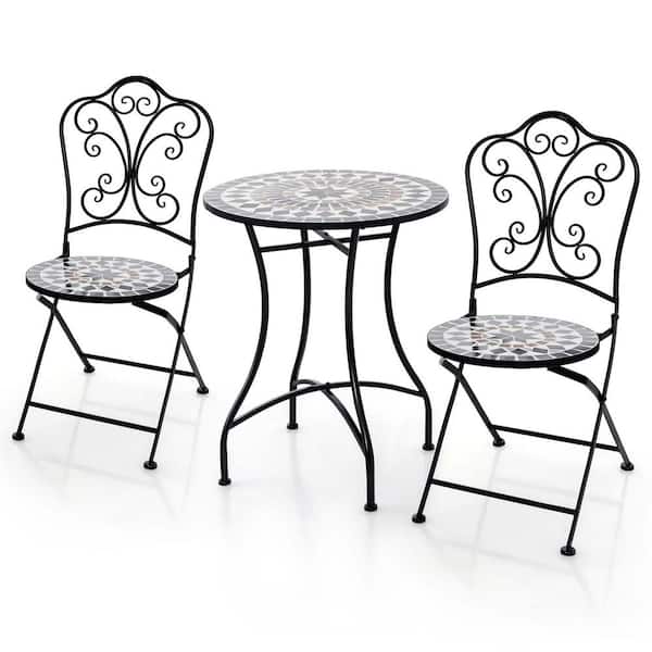 3-Pieces Metal Round Outdoor Bistro Set Mosaic Pattern Heavy-Duty Metal Dining Folding