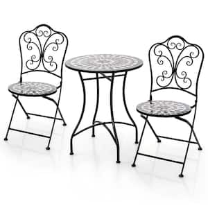 3-Pieces Metal Round Outdoor Bistro Set Mosaic Pattern Heavy-Duty Metal Dining Folding
