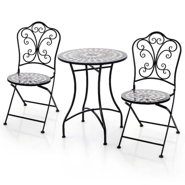 Costway 3-Pieces Metal Round Outdoor Bistro Set Mosaic Pattern Heavy-Duty Metal Dining Folding