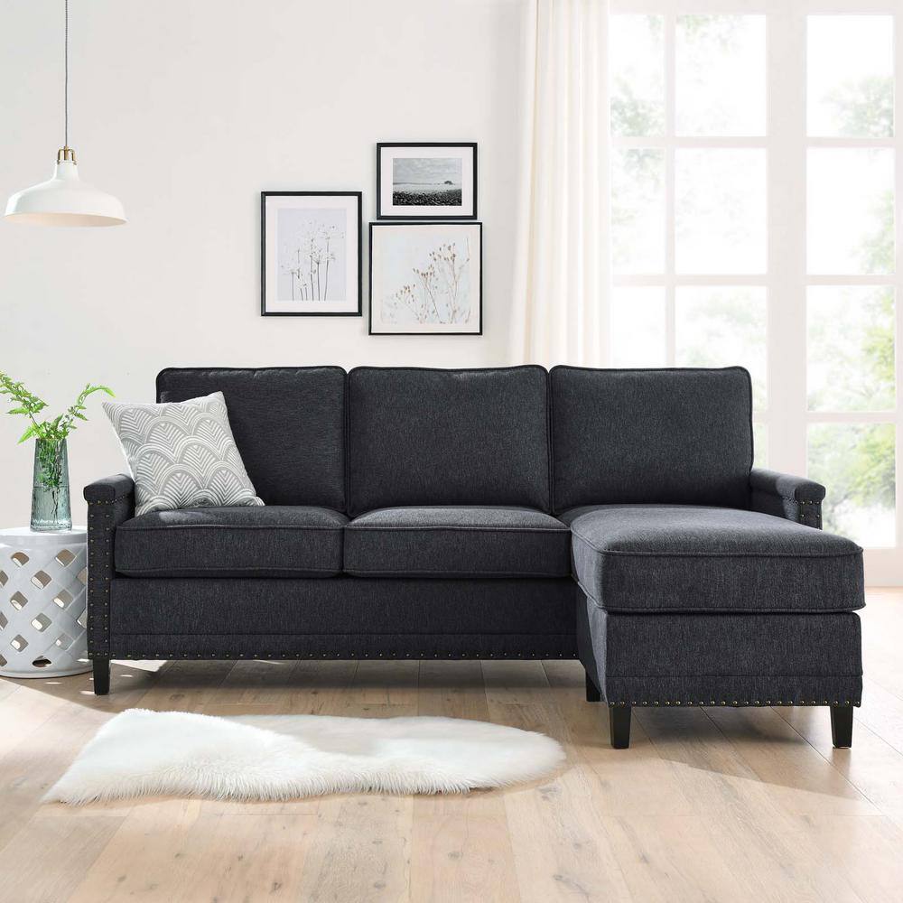 Charcoal Fabric Sectional Sofa with Nailhead Trim